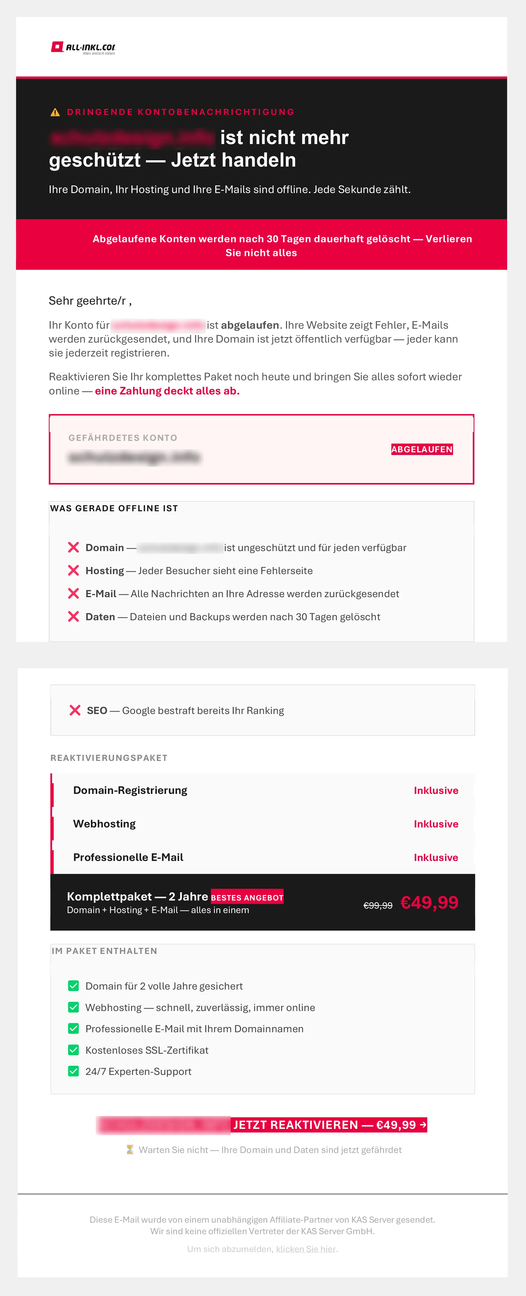 Warnung vor Phishing Mails von angeblichem KAS Server Support mit gef&auml;lschten Domain und Hosting Hinweisen zu IHREDOMAIN