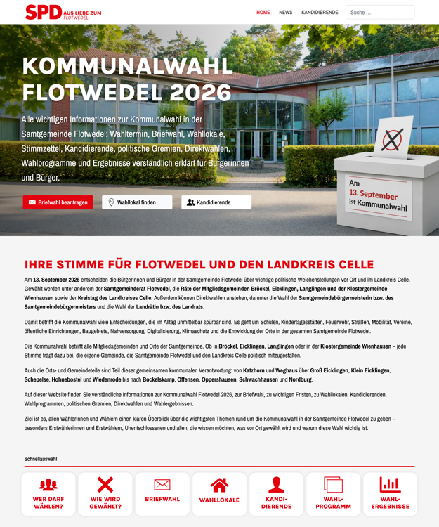 Neue Joomla 6 Website zur Kommunalwahl Flotwedel 2026 mit Wahlinformationen Kandidierenden Nachrichten Terminen und FAQ