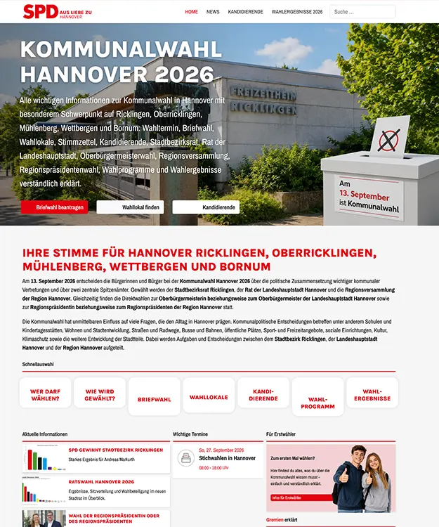 Neue Kommunalwahl Website Hannover S&uuml;dwest 2026 f&uuml;r Ricklingen Oberricklingen M&uuml;hlenberg Wettbergen und Bornum