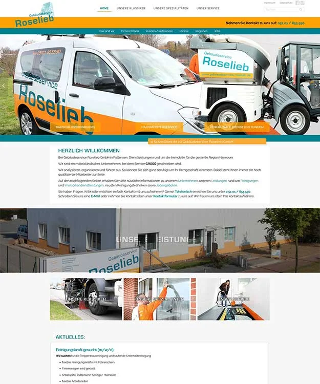 Webdesign Hannover Referenz Geb&auml;udeservice Roselieb Pattensen mit individueller Joomla Website, animiertem Kehrmaschinen-Slider und professionellen Businessfotos