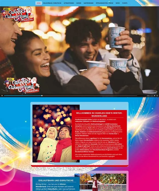 Webdesign Hannover Referenz Charles Knie's Winter-Wunderland Einbeck mit Joomla Onepage-Website, winterlicher Gestaltung und animierten Inhalten