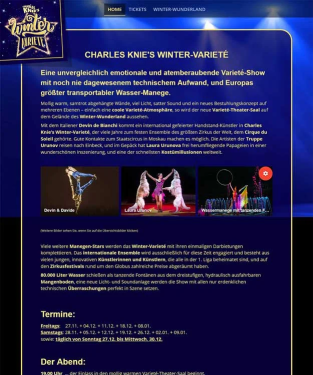Webdesign Hannover Referenz Charles Knie's Winter-Variet&eacute; Einbeck mit Joomla Onepage-Website, winterlichem Design und animierten Inhalten